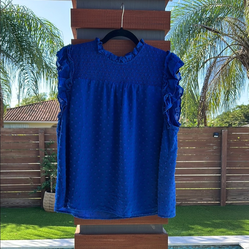 CeCe Vibrant Blue Ruffle Sleeve Blouse
